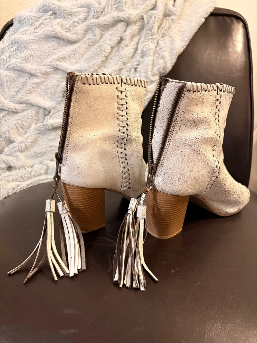 Roper White Leather Peep-Toe Tassel Block Heel Ankle Sandal